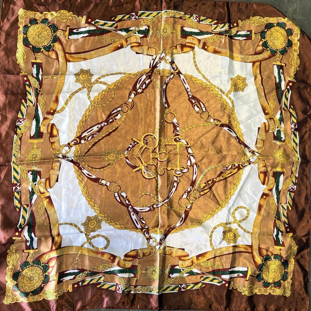 VTG Scarf Satin Square Brown Gold Equestrian Horse Bit Chain 35" 90's Medallion
